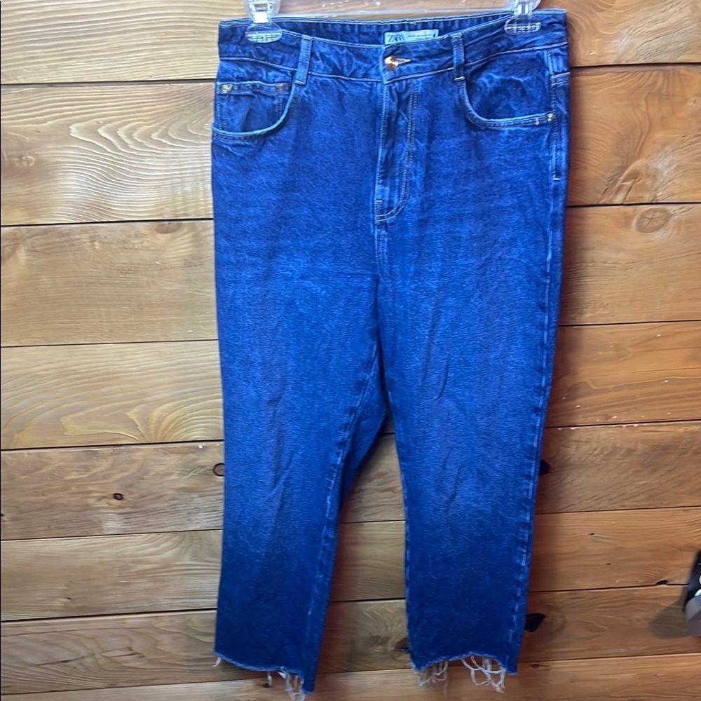 Zara Women’s Blue Denim Jeans Straight Leg Frayed Hem 10 Casual Streetwear Y2K